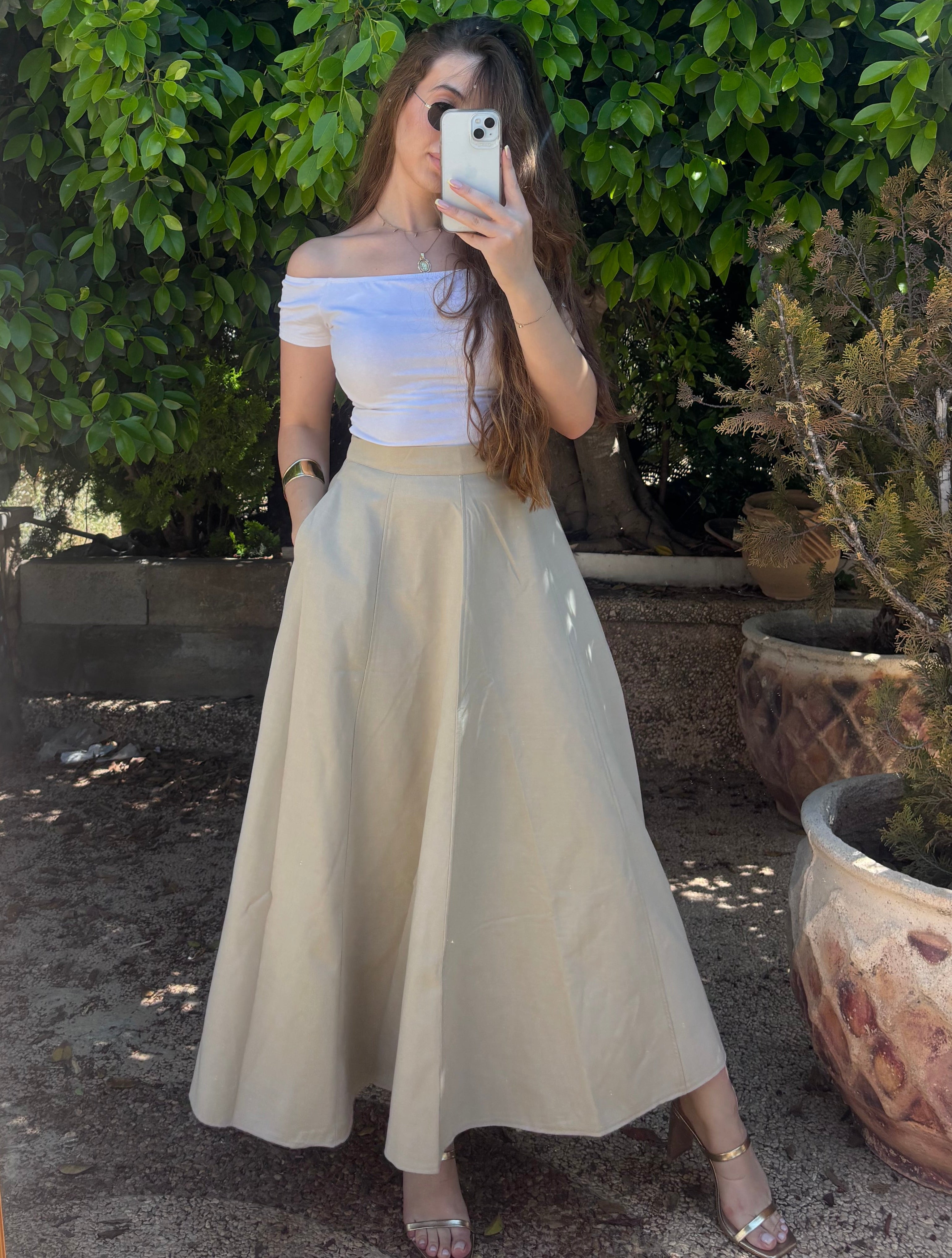 Elegant A-Line Maxi Skirt – Beige
