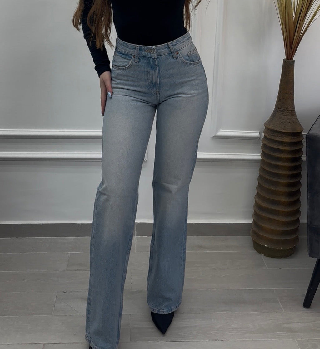 High-waisted, light-wash straight-leg denim