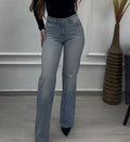 High-waisted, light-wash straight-leg denim